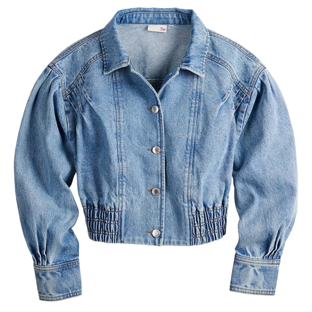 Juniors' SO® Elastic Waist Cropped Denim Jacket Sz: Medium